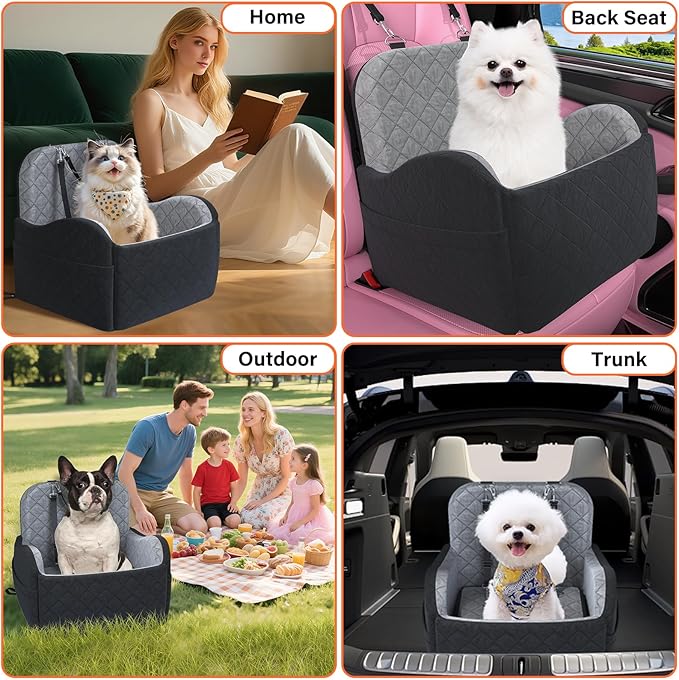 Dog Booster Car Seat, 6in Memory Foam Adjustable Booster Cushion for Small/Medium Dogs, Detachable and Washable Dog Car Seat with Cooling Mat, Pet Booster Seat with Storage Pockets, 2 Safety Belts