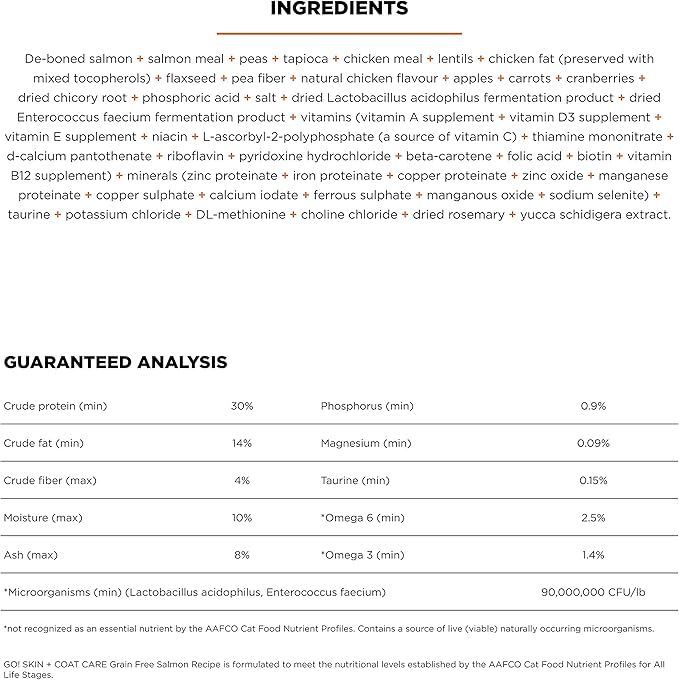 Go! Solutions Skin + Coat Care, Grain-Free Dry Cat Food, Salmon Recipe, 3 lb Bag