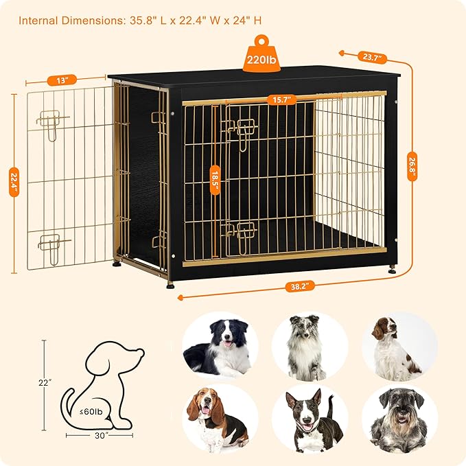 DWANTON Dog Crate Furniture with Cushion, Wooden Kennel Table with Double Doors, Indoor Dog House, Large Size, 38.5" L, Black+Gold