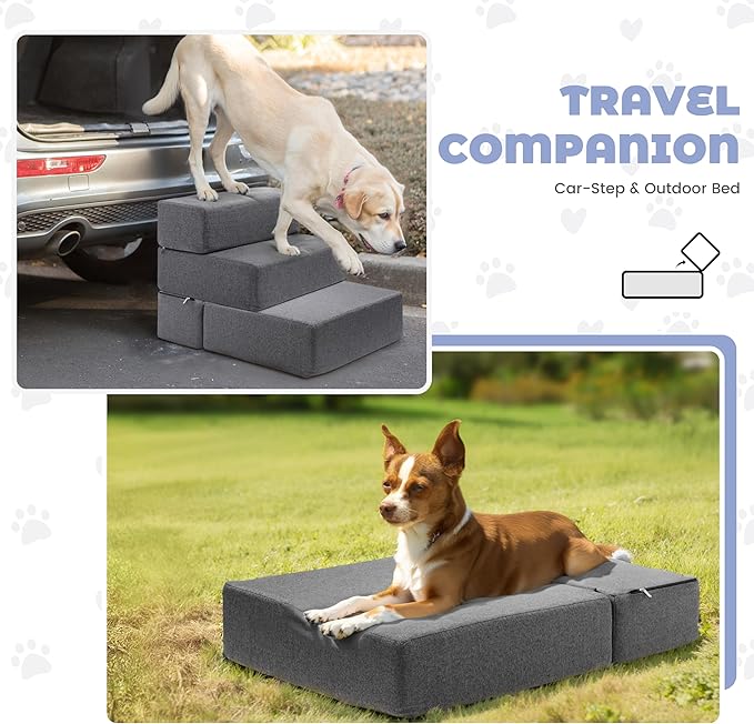Foldable 18 Inch Wide Dog Stairs for Small Dogs, 12 Inch Height Foam Dog Steps for Bed & Couch, Linen Covered Pet Stairs for Dogs to Get on Bed, Indoor Foam Pet 2 Steps for for Cat and Puppy