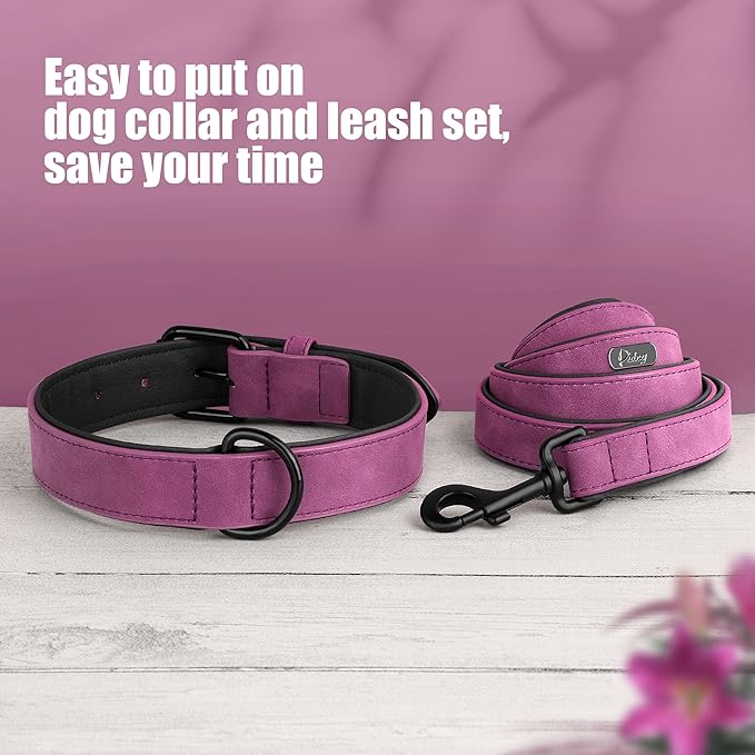 Didog Soft Padded Leather Dog Collar and Leash Set, Heavy Duty Dog Leash and Collar Set with Metal Buckle, Breathable Dog Collars with 4FT Leather Dog Leash for Small Medium Large Dogs, Purple, XL