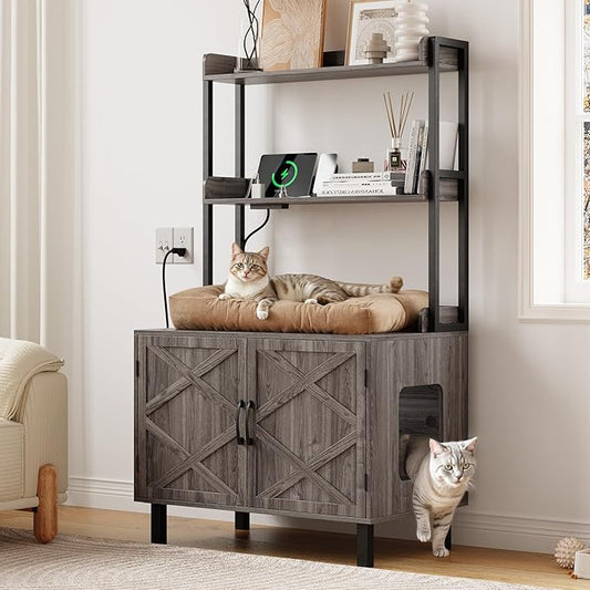 55 Inches Cat Litter Box Enclosure, Hidden Litter Box Furniture with 2 Storage Shelves and Charging Sockets, Wooden Cat House, Large Indoor Cabinet for Living Room & Entryway, Grey