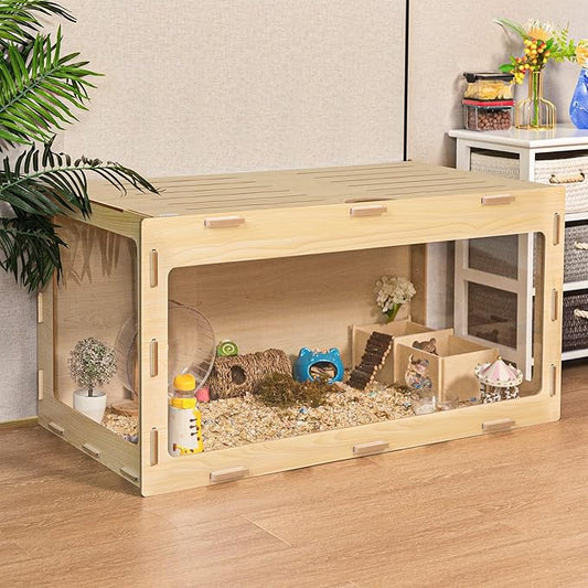 COZIWOW Wooden Hamster Cage Chewproof, Bigger World - 32" Large Hamster Cages and Habitats, Openable Top & 3 Side Acrylic Sheets, Small Animal Cage Pet House for Syrian Dwarf Guinea Pig Chinchilla