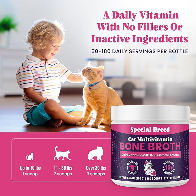 Cat Multivitamin with Grass-Fed Beef Bone Broth – Daily Supplement for Immune, Joint, Skin, Coat & Gut Health – Omega 3s, Lysine, Beta Glucan, Vitamins A-E, C, D – 180 Day Supply – No Fillers
