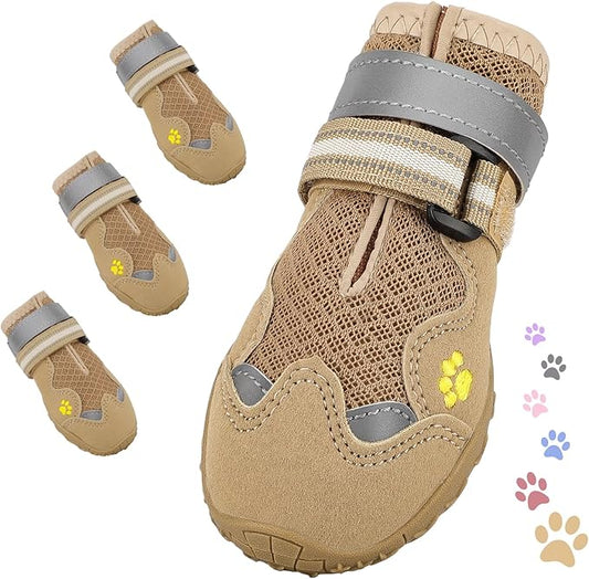 Dog Shoes, FISHOAKY Dog Shoes for Large Dogs, Mesh Breathable Dog Boots & Paw Protectors for Summer Hot Pavement Winter Snowy, 360°Anti Slip 4Pcs Dog Booties with Reflective Khaki (Size 4)