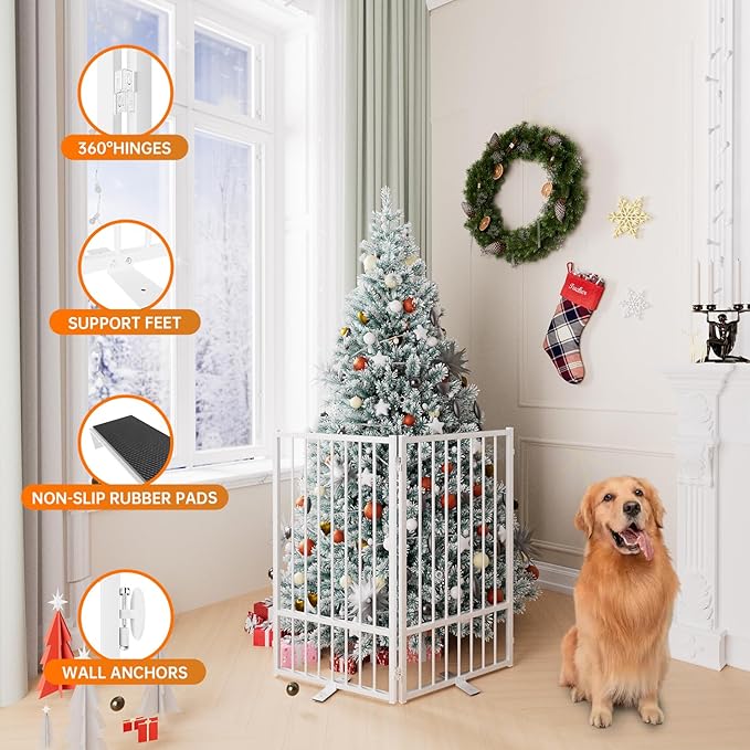 Full Metal Freestanding Dog Gate with Door, 36''Height Foldable Pet Dog Fence for Indoor & Outdoor, 2 Panels Extra Wide Free Standing TallDog Gates for Doorways,House,Stairs,Porch,Deck,Yard