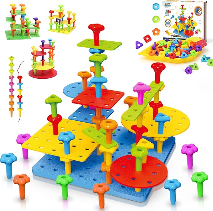 Ggiibro Peg Board Toy set 101Pcs DIY Building Stacking Toys for Kids 3-6 Years Old,STEM Educational Kids Toy for Brain Development,Montessori Sensory Toys,Plastic Lacing String Game