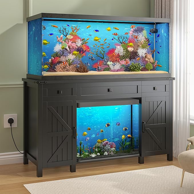 55-75 Gallon Aquarium Stand With Charging Station, Farmhouse Fish Tank Stand, Reptile Tank Stand Terrarium Stand with Drawer and Cabinet Storage, Sturdy Heavy Duty 53.5"×19.7" Tabletop - Black