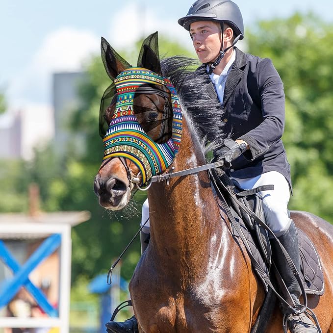 Chunful 6 Pcs Horse Fly Masks with Ears Smooth and Comfortable Cashel Mesh Fly Mask Elasticity Breathability UV Protection Horse Face Covering for Riding Supplies(Geometric,Large)