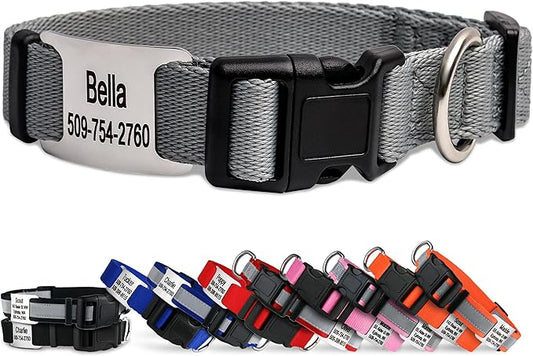 GoTags Personalized Dog Collar with Nameplate, Adjustable Dog Collar with Custom Engraved Slide On Pet ID Tag in Stainless Steel, Silent, No Noise Dog Tag (Light Gray, Large)