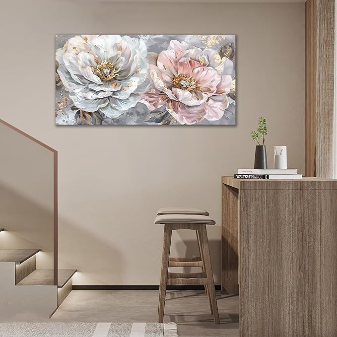 Extra Large Flower Wall Art Pink and White Floral Canvas Living Room Golden Pictures Framed Prints Oversize Wall Decor Big Painting Artwork for Bedroom Dining Office Home 60"x30"