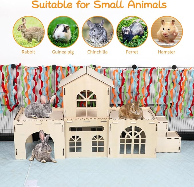 Extra Large Bunny Castle Hideout, Wooden Bunny House and Hideouts Detachable Rabbits Hideaway, Indoor Rabbit Castles Sturdy Small Animal Play Hideaway Hut for Rabbits, Guinea Pigs, Chinchillas