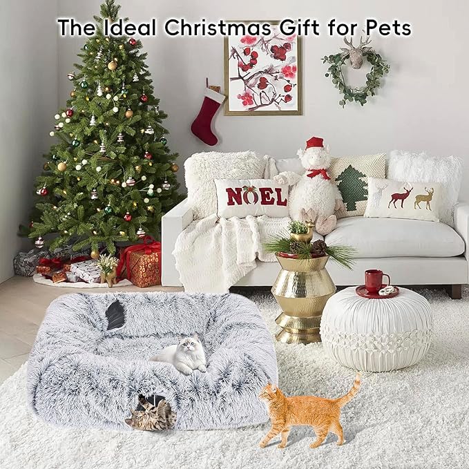 Extra Large Cat Tunnel Bed, 4 Ways Tunnels for Indoor Cats, Multi-cat Family Peekaboo Cave & Cat Bed, Plush Cat Donut with Washable Middle Mat, Exit Balls, Pet Play Toy for Kitten Puppy Rabbit