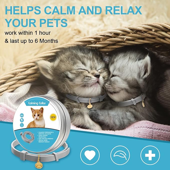 4 Pcs Cat Calming Collar Adjustable Lavender Scent Relaxing Cat Collar with 2 Pendant for Puppies Reduce Stress Aggression Anxious, up to 15 Inches(Grey, Silver)