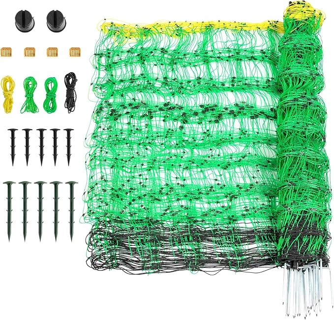 Electric Fence Netting, 49.6" H x 164' L, PE Net Fencing Kit with 14 Posts Double Spiked, Utility Portable Mesh for Sheep Hogs Goats Deer Dogs Lambs Used in Backyards Farms Ranches Patio, Green