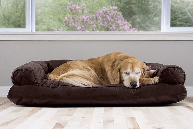 Furhaven Pillow Dog Bed for Large Dogs w/ Removable Bolsters & Washable Cover - Quilted Sofa - Coffee, Jumbo/XL