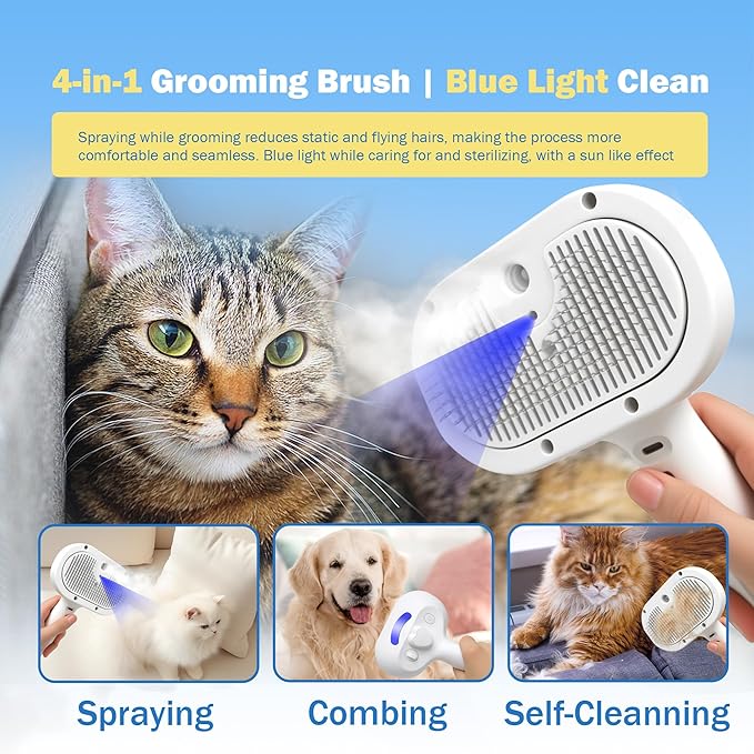 4-in-1 Pet Grooming Steam Brush for Cats & Dogs – Steam Spray, Blue Light, Hair Removal, Self-Cleaning Comb – Includes Pet Waterless Shampoo