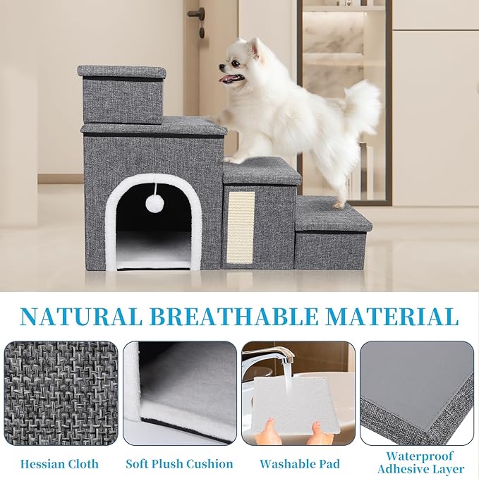 Dog Stairs for Bed and Couch 23“H, Foldable Dog Stairs for Small Older Dogs, 4 in 1 Adjustable Pet Cat Steps Ramps with Storage, Condo, Cat Scratcher, Hold Up to 180LBS, 4 Steps