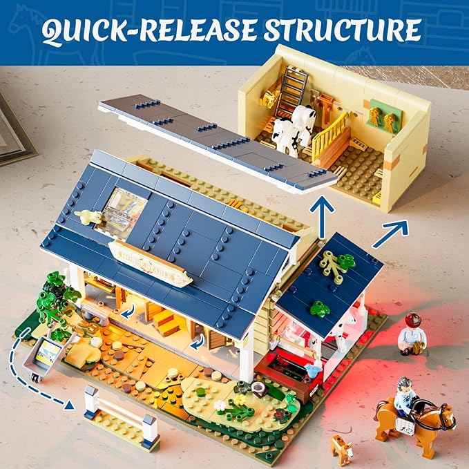 FUNWHOLE Farm Horse-Stable Lighting-Building-Bricks Set - Farm Life Horse Animals Cabin Collection LED Light Cottage Model Display Set 973 Pcs for Adults and Teen