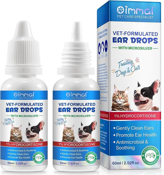 Dog Cat Ear Infection Treatment Drops, Pets Ear Cleaning Drops with 1% Hydrocortisone for Dog & Cats Yeast Infection, Itchy Ear Relief, Pet Ear Care Supplies for Dogs & Cats -2fl oz(2PCS)