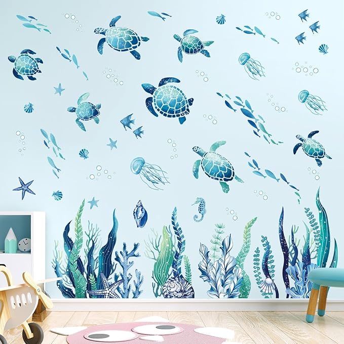 decalmile Under The Sea Seaweed Wall Decals Sea Turtle Ocean Grass Jellyfish Wall Stickers Baby Nursery Bedroom Bathroom Wall Decor