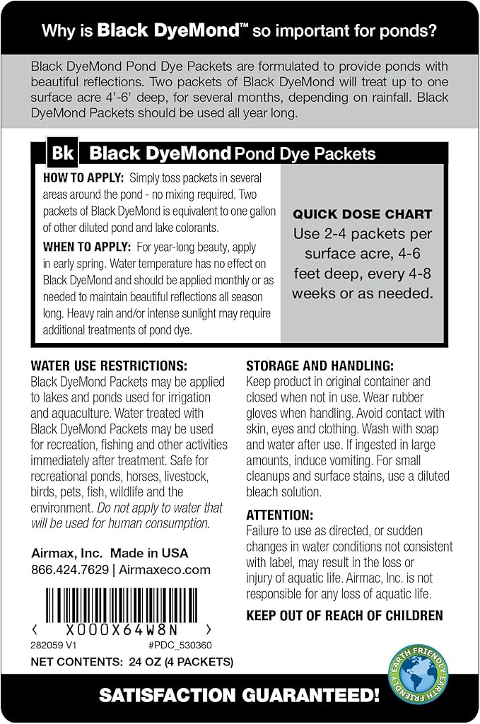 Airmax Pond Dye Packets Black DyeMond Colorant for Large Pond & Lake, Beneficial UV Blocking Color Concentrate, Maintain Clean & Clear Water, Fish, Bird & Animal Safe, 2 Soluble Packets