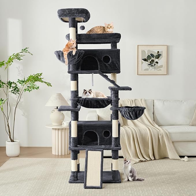 Cat Tree, 80-Inch Large Cat Tower with 9 Scratching Posts, 2 Perches, 2 Caves, 2 Basket, 2 Stairs, Extra Large Hammock, Pompoms, Multi-Level Plush Cat Condo for Indoor Cats/Smoky Grey