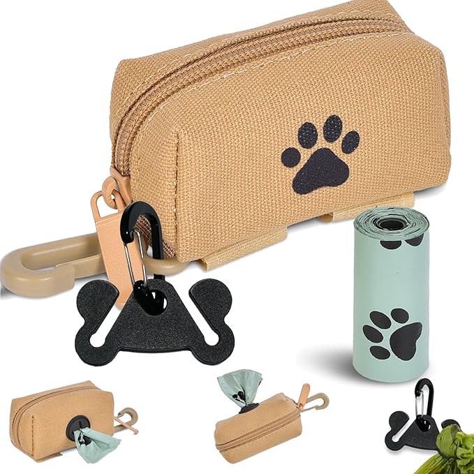 Dog Waste Bag Dispenser Pet Poop Bag Dispenser for Leash Accessory dog Poop Bag Holders Fits Dog Leash Include Hand Free Holder, Khaki, No-KaqiXB
