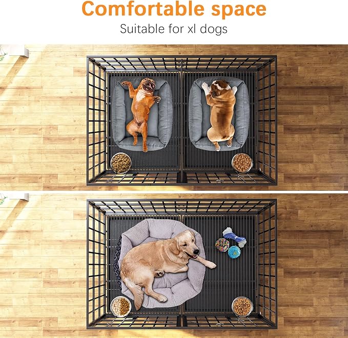 54 inch XL Dog Crate for Large Dog/Double Medium Dogs,Heavy Duty Metal Dog Cages,All Metal Open Top,Dog Kennel Indoor with Wheels,Floor Grid, Tray, Divider and Feeding Bowl