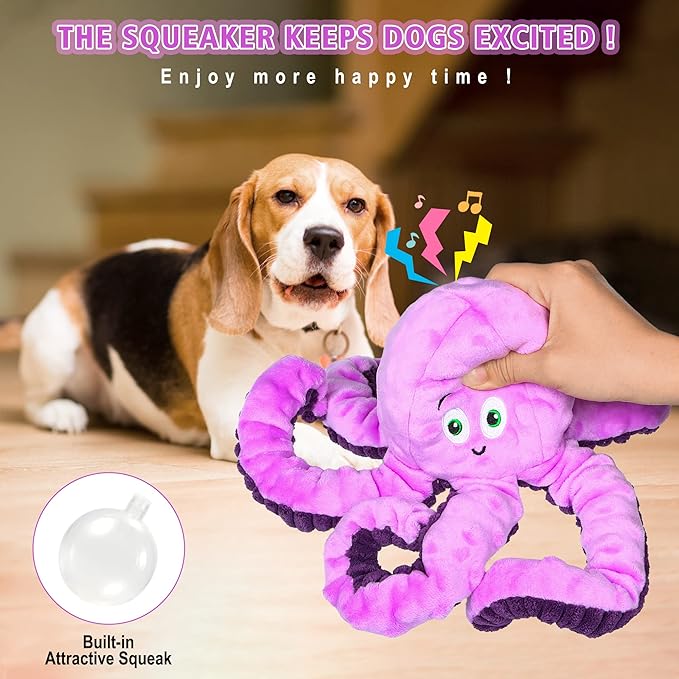 Dog Squeaky Toys Octopus - Tough Plush Large Medium & Small Dog Toys - Stuffed Animals Puppy Toys - Funny Cute Dog Toy for Dog Birthday Presents (Octopus Purple)