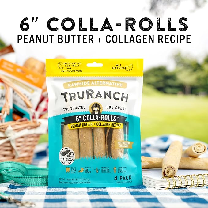 Collagen Rolls - 6" Collagen Rolls for Dogs - Long Lasting Healthy Joint Support - Rawhide Alternative - Skin & Coat Health - Made with Real Peanut Butter, Value Pack, 15 Bags, 60 Count