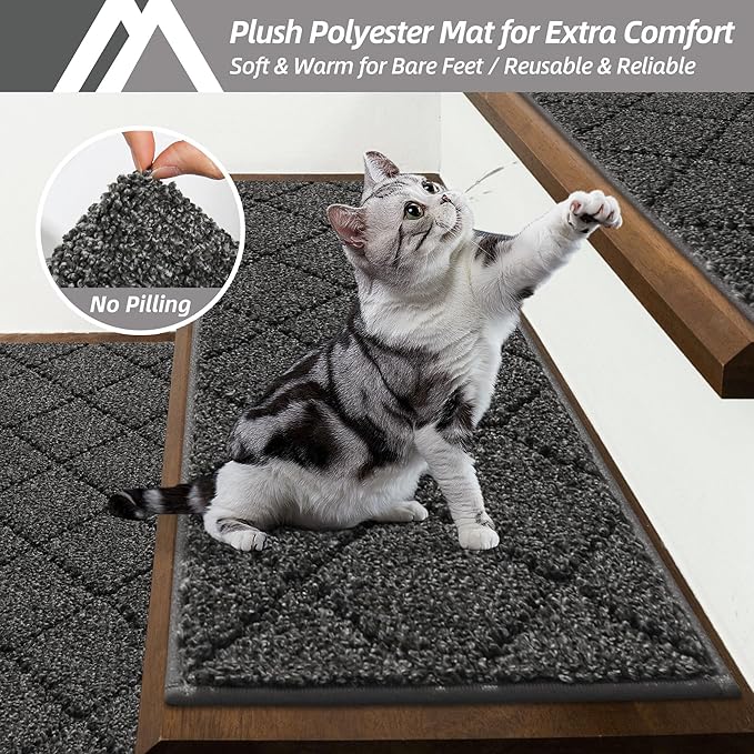 COSY HOMEER Edging Stair Treads Non-Slip Carpet Mat 28inX9in Indoor Stair Runners for Wooden Steps, Edging Stair Rugs for Kids and Dogs, 100% Polyester TPE Backing (7pc, Black,)