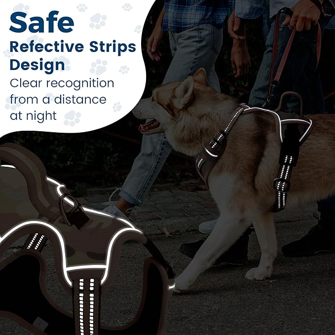 Funfox Dog Harness No Pull, Adjustable Pet Vest Harness, Super Soft Material with Vertical Handle Easy Control, Reflective Night Walking, 2 Leash Clips for Medium Sized Dogs, Camo Brown, M