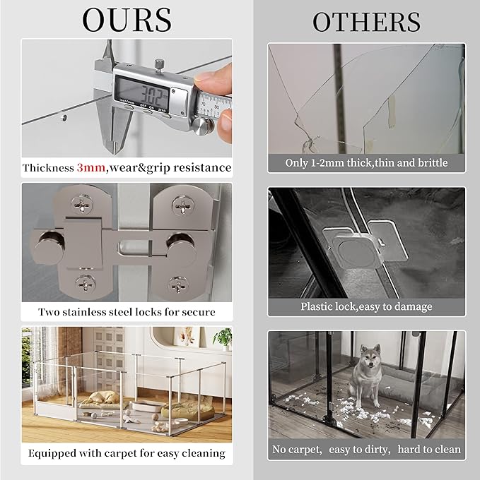 Dog Clear Playpen Fence Kennel: 10Panels Indoor Transparent Whelping Box Pen Cage with Waterproof whelping pad - Extra Long Acrylic Exercise Kennel with Metal Frame for Cats Puppy Rabbits Guinea Pig
