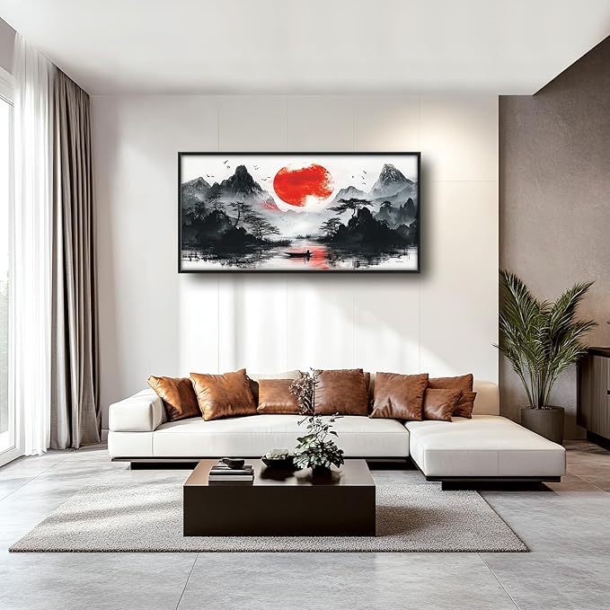 Framed Large Japanese Mountain Wall Art for Living Room, Oversized Asian Red Sun Lake Landscape Wall Decor Nature Canvas Painting Home Decoration for Living Room Bedroom Office 60"x30"