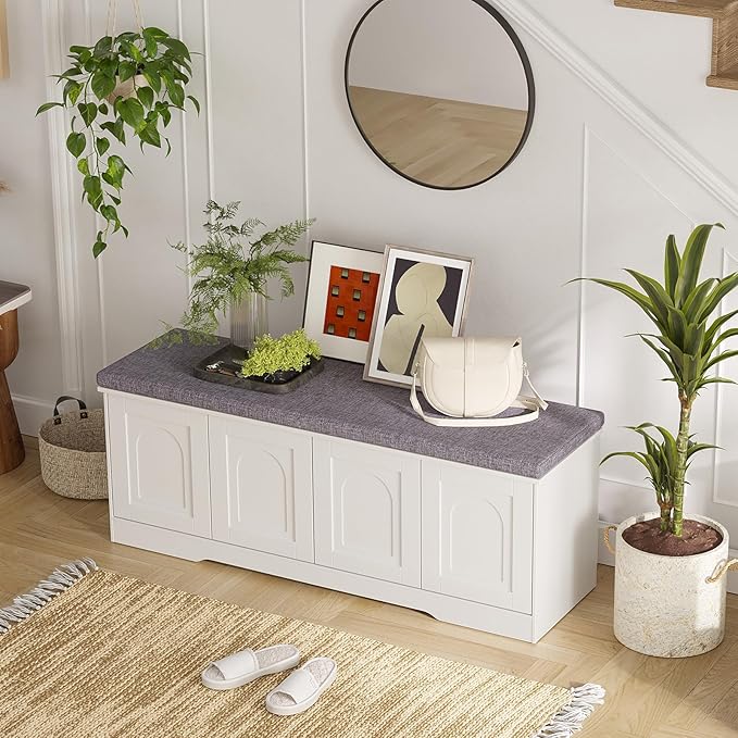 DINZI LVJ Shoe Bench, Entryway Storage Bench with Doors, Cushion, 2-Tier Shoe Rack with 8-Cubby, 47.2”L x 13.8”W Shoe Organizer Cabinet, Adjustable Shelf, Living Room, Bedroom, White