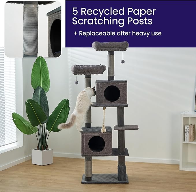 Catry® Stella 7-Level 67.5” Linen & Quilted Velvet Cat Tree with Recycled Paper Scratchers, Two Condos, Removable Beds, Toys, Easy to Clean, Ideal for Large Cats and Multi-Cat Homes (Zinc Gray)