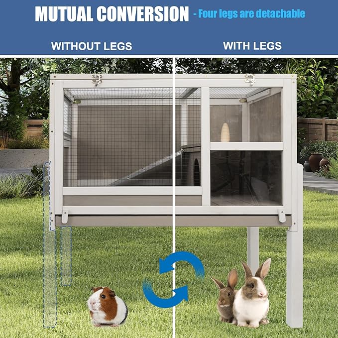 38" L Rabbit Hutch Bunny Cage,Fir Wood Rabbit Cage Indoor Outdoor with Pull Out Tray,Bunny Hutch with Ramp and Hideout,Guinea Pig Cages Rabbit Hutch Indoor with Detachable 4 Legs