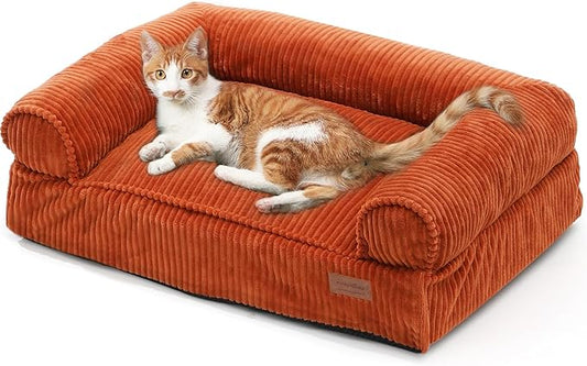 FUKUMARU Dog Couch Bed, Corduroy Cozy Cat Bed for Indoor Cats with Washable Cover, Supportive Waterproof Dog Beds Sofa for Small Dogs and Large Cats Cute, 28inch, Medium, Orange