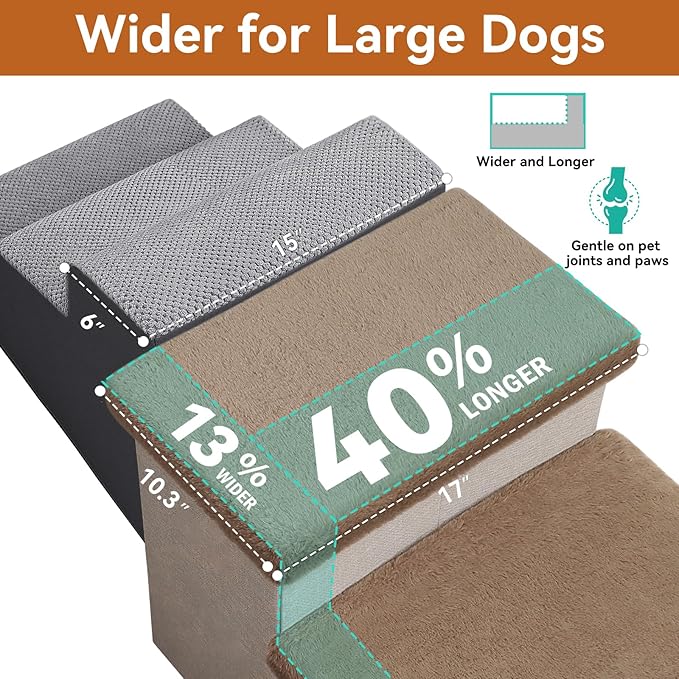 Dog Stairs with Furry Lids 18" H, 3-Step Wider Dog Steps with Storage for Small/Medium/Large Old Dogs Cats, Folding Sturdy Pet Stairs Climbing Bed Couch, Ramp for Car Up to 200 lbs, Khaki