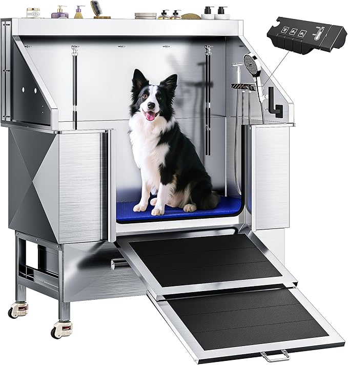 50" Dog Washing Station - 304 Stainless Steel, 27.4" Wide Ramp, Water-Storing Dog Bathing Station w/Swivel Wheels, Pet Proof Faucet, 2 Drawers, Dog Bathtub for Medium & Small Dogs