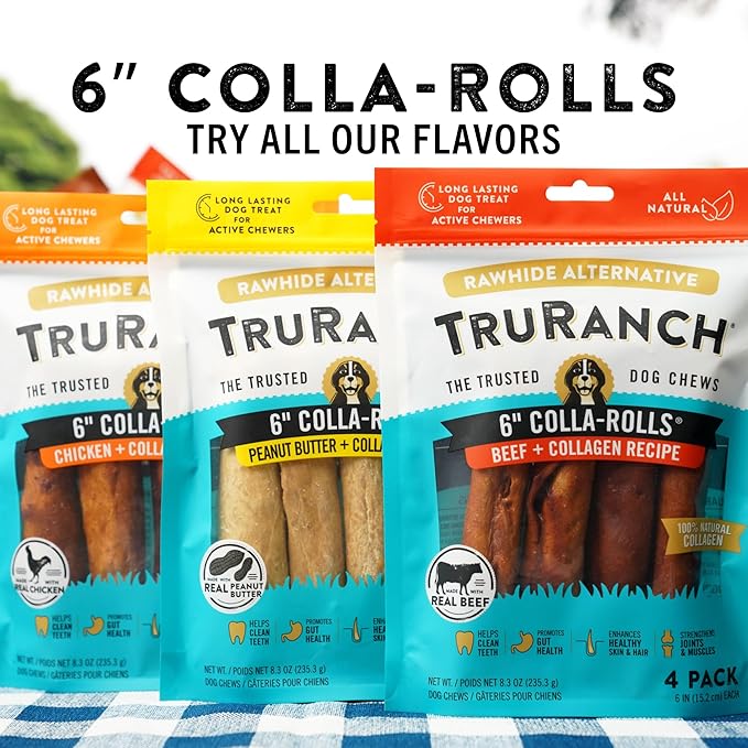Collagen Rolls - 6" Collagen Rolls for Dogs - Long Lasting Healthy Joint Support - Rawhide Alternative - Skin & Coat Health - Made with Real Chicken, Value Pack, 3 Bags, 12 Count