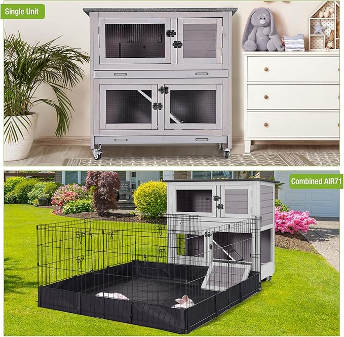 GUTINNEEN Rabbit Hutch Indoor with Chew-Proof Design, Wooden Bunny Cage Outdoor Guinea Pig Cages with Wheels, Leak-Proof Trays for Rabbits, Guinea Pigs, Small Animals