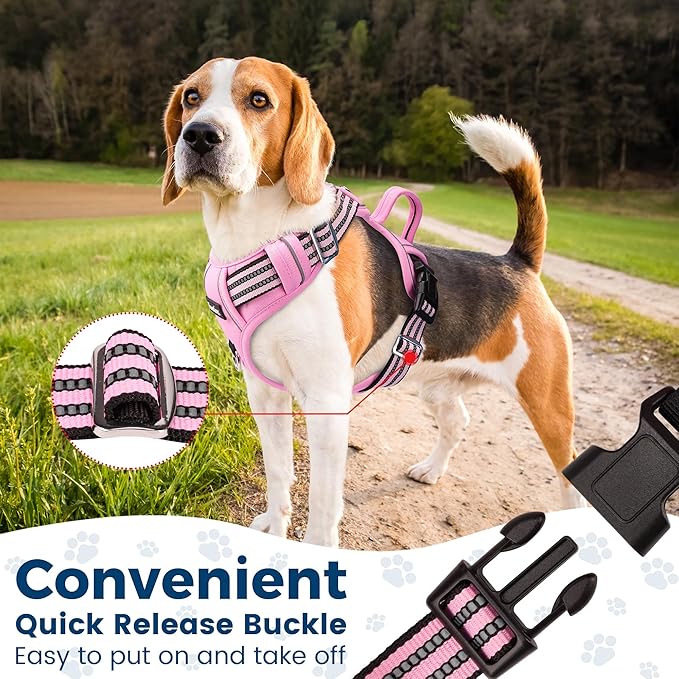 Funfox Dog Harness No Pull, Adjustable Pet Vest Harness, Super Soft Material with Vertical Handle Easy Control, Reflective Night Walking, 2 Leash Clips for Medium Sized Dogs, Pink, M