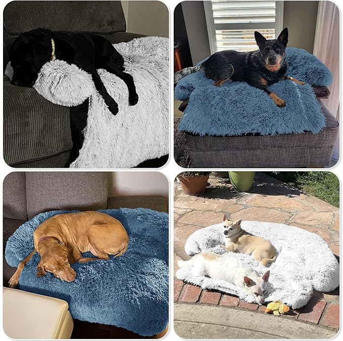 GGIB Calming Dog Bed Fluffy Plush Dog Mat for Furniture Protector with Removable Washable Cover for Large Medium Small Dogs and Cats (Large, Navy)