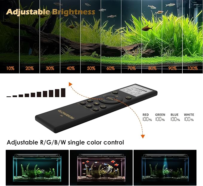 GLOWRIUM LED Aquarium Light with Remote, Full Spectrum Fish Tank Light with Auto Timer, IP67 Waterproof Freshwater Planted Tank Light, Dimmable RGB+W+Moon LEDs with High Performance (12W 18-23inch)