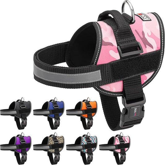 Dogline Dog Harness, Reflective No-Pull Adjustable Vest with Handle for Walking, Training, Breathable, No - Choke Harness for Small, Medium or Large Dogs Room for Patches Girth 15 to 18 in Pink Camo