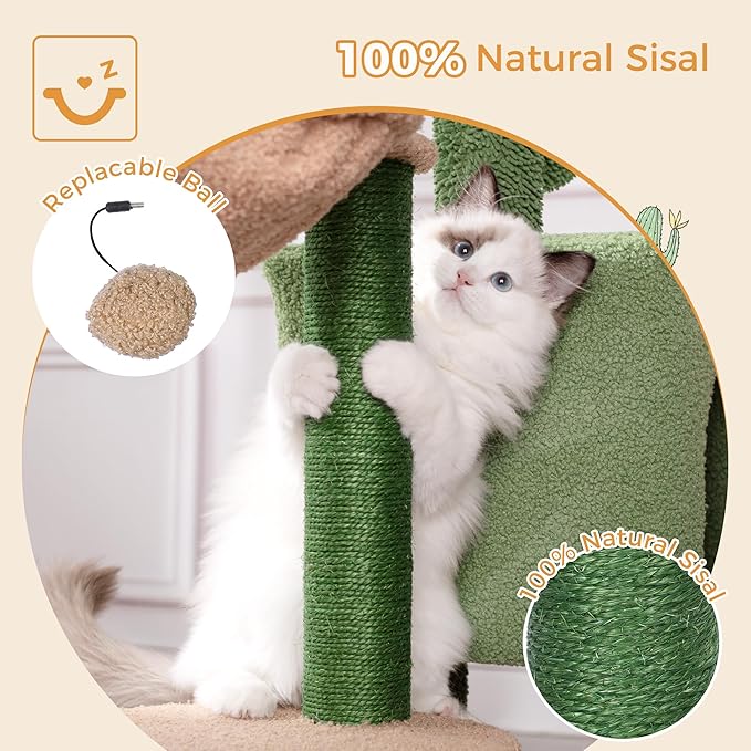 Cactus Cat Tree Small Cat Tower with 32 Inches Scratching Post with Cats Condo House, Cozy Hammock and Removable Top Bed and Dangling Ball for Indoor Cats-34” Green