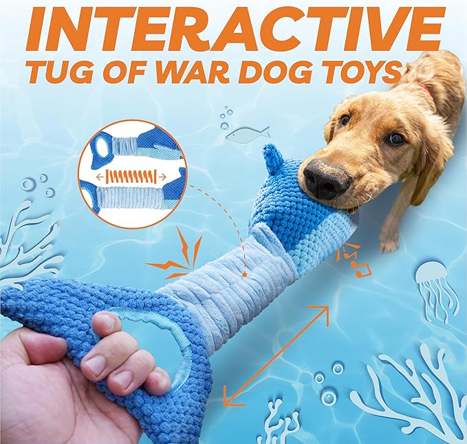 Dog Toys for Large Dogs, Squeaky Dog Toys for Aggressive Chewers, Plush Dog Chew Toys for Teething, Interactive Shark Dog Toys to Keep Them Busy Tug Of War Puppy Toys for Small,Medium,Large Breeds