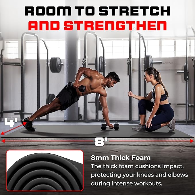 8FT x 4FT Extra Large Exercise Mat - PVC Floor Workout Mat with Carry Bag, Cleaning Cloth - Non slip Thick Workout Mats for Home Gym Flooring, Fitness Training Mat for Weights Pilates Cardio